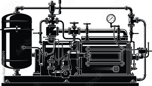 Industrial Machine Illustration Featuring Pump System with Pressure Gauge and Pipes for Engineering, Machinery, and Manufacturing Designs