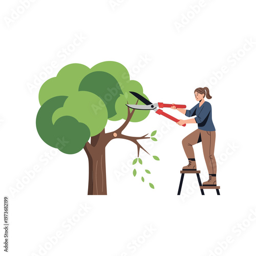Woman pruning tree with large red shears on step stool in flat illustration for gardening