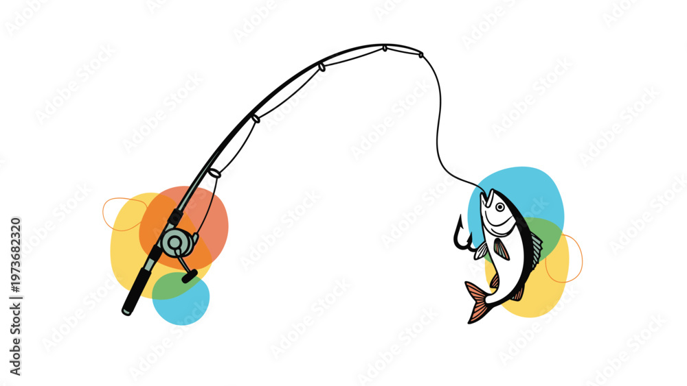 Fototapeta premium Fishing rod with a hooked fish leaping out of the water against colorful abstract circles representing leisure and a successful catch.