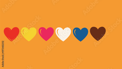 Horizontal row of six hearts in different colors on a solid orange background representing diversity inclusivity and love.