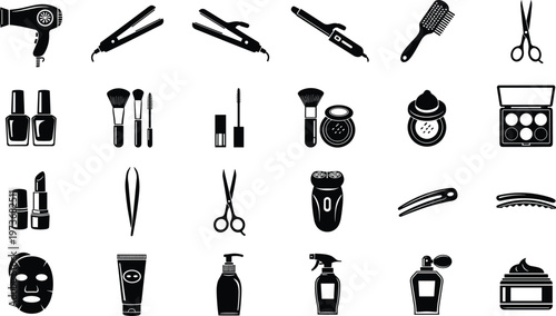 Beauty and Grooming Tools Icons Set Featuring Hairdryers, Makeup Brushes, Nail Care, and Skincare Products for Personal Care Designs