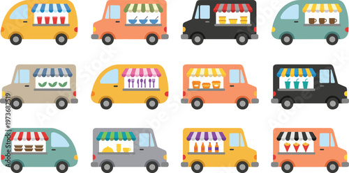 Food Truck and Mobile Street Vendor Flat Icon Set with Delivery Vans, Market Stalls, Fast Food, Beverages, and Urban Catering Symbols