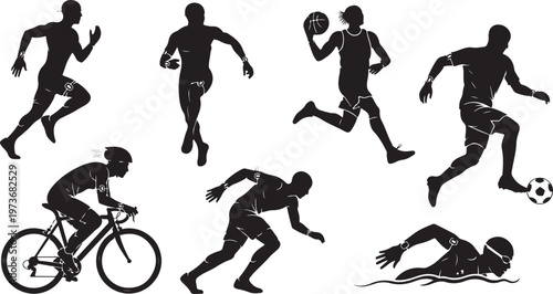 Silhouettes of athletes engaging in various sports activities together