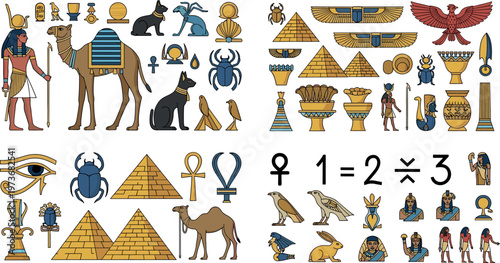 Large Collection of Ancient Egyptian Icons Including Pyramids Pharaoh Symbols Gods Animals and Hieroglyph Elements for History and Culture Design