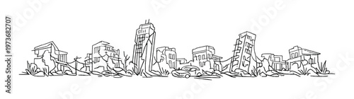 Line art of collapsed buildings and lone car on ruined street