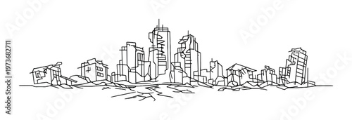 Outline of collapsed high rise skyline with cracked ground