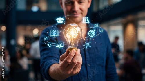 Idea in a Light Bulb: A person holds a glowing light bulb, a symbol of innovation, surrounded by digital icons representing knowledge, education, and strategic thinking.