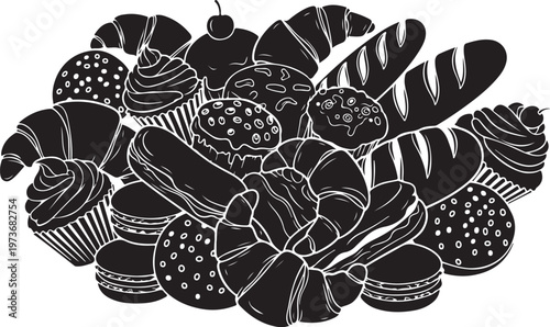Black and white illustration of assorted baked goods collection