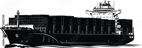 Container Cargo Ship Silhouette with Stacked Shipping Containers Large Freight Vessel for Global Logistics and Maritime Transport Vector Illustration