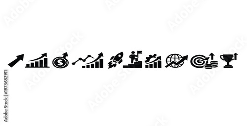Business Growth Icon Set – Up Arrow, Financial Chart and Analytics Symbols Vector Illustration
