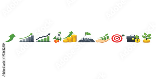 Business Growth Icon Set – Up Arrow, Financial Chart and Analytics Symbols Vector Illustration