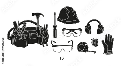 doodle construction tools and safety gear with hard hat protective eyewear and tool belt for industry and diy work.