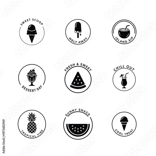 Minimalist Summer Food and Tropical Drink Silhouette Icon Set Seasonal Branding Line Art Vector illustration