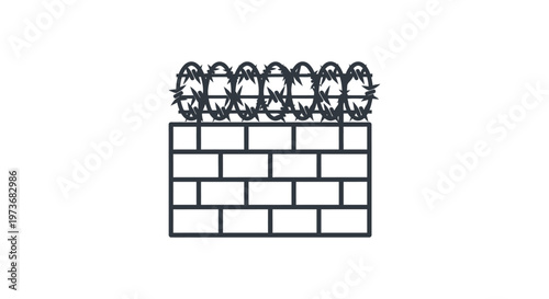 a dark outline icon of a brick wall topped with barbed wire symbolizing security restriction and a formidable boundary.