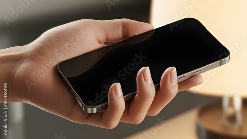 close-up hand holding smartphone, blank screen, 