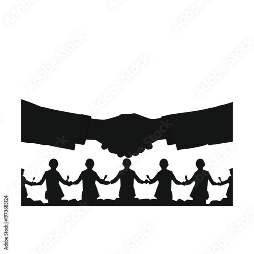 Large silhouetted hands shake above a diverse group of smaller figures holding hands, symbolizing leadership, teamwork, community, and unified business collaboration on a clean white background.