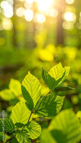 Green leaves in sunny forest.
