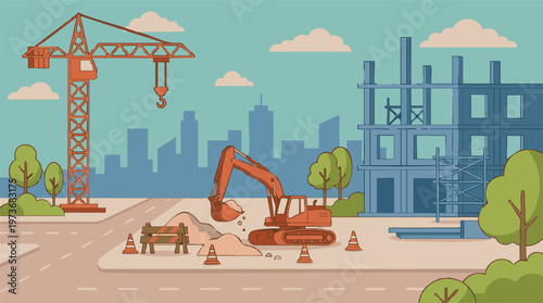 Urban Construction Site with Heavy Machinery and Building Development