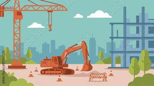 Construction site with crane, excavator, and building frame in flat design
