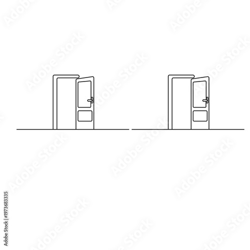 Continuous line drawing of open double doors on a wavy horizon
