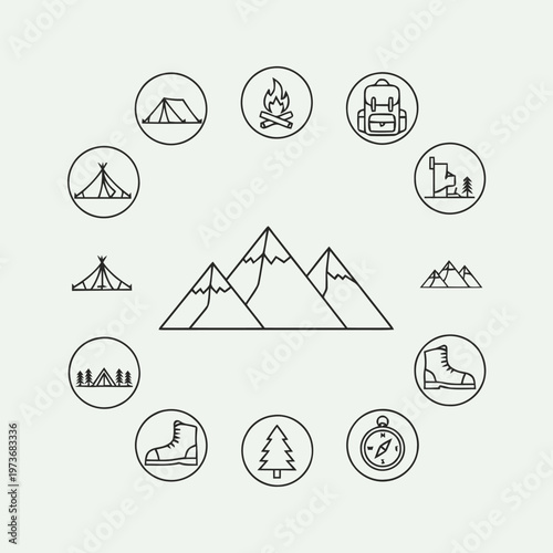 Collection of outdoor recreation and adventure icons, including camping, hiking, and mountaineering essentials, set against a mountain silhouette