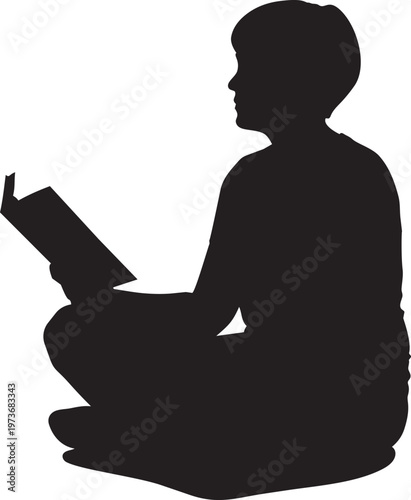 Silhouette of a boy sitting crosslegged reading a book vector illustration