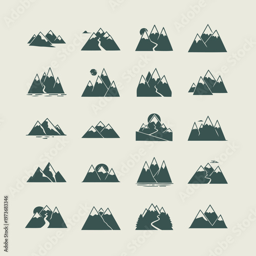 Collection of Minimalist Mountain Silhouettes, Perfect for Logos, Icons, and Graphic Design Projects