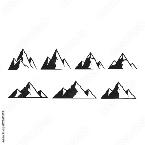 Collection of diverse mountain silhouettes, representing rugged peaks, natural landscapes, and outdoor adventure themes