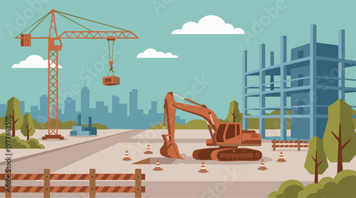 Building construction site with crane, excavator, and urban background