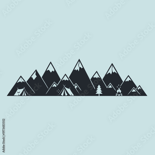 Minimalist mountain range silhouette with cozy camping tents, a crackling campfire, and towering snowy peaks, ideal for outdoor adventure and wilderness exploration designs
