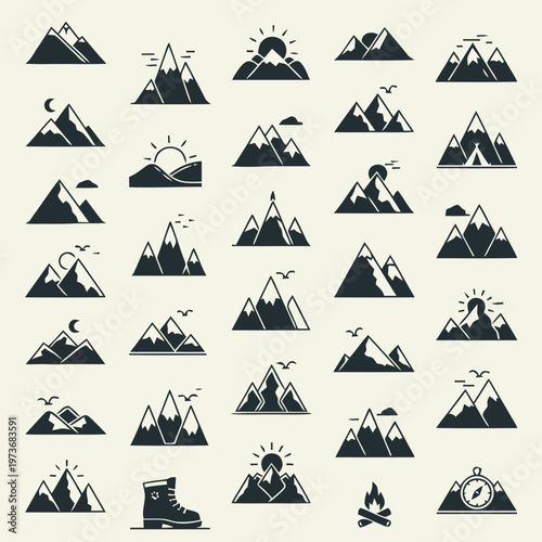 Collection of Mountain Silhouette Icons representing outdoor adventure, hiking, and nature exploration with minimalist design elements and adventure symbolism