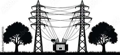 High Voltage Power Transmission Line Silhouette with Electric Towers Transformer and Trees Landscape for Energy Infrastructure Industrial Design Concept