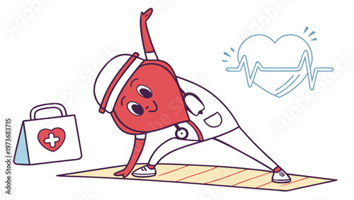 Cute illustration of smiling first aid kit character doing yoga with medical bag and heartbeat symbolizing health fitness and wellness concept
