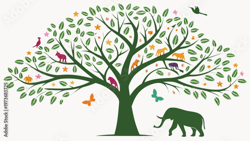 Colorful illustration of tree with animals birds leaves and nature elements symbolizing biodiversity ecosystem and wildlife harmony concept
