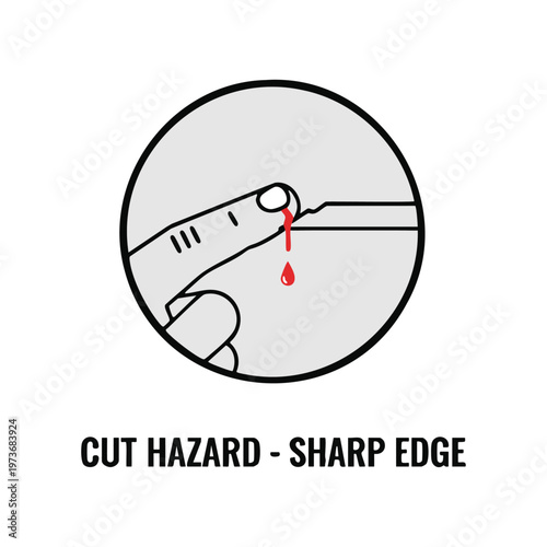 Cut hazard symbol sharp edge with bleeding finger.