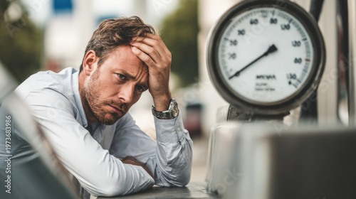 businessman with headache gas station