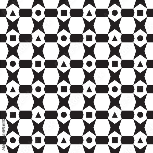 A high-contrast seamless geometric pattern featuring a rhythmic arrangement of geometric symbols including circles, triangles, and squares on a black and white grid.eps