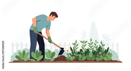 Gardener digging soil with hoe in a lush garden with green plants and flowers