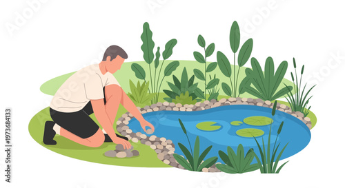 Gardener arranging stones around a beautiful garden pond with water lilies and lush plants