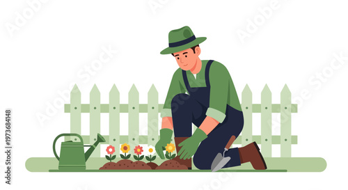 Gardener planting flowers in a garden with a watering can and fence