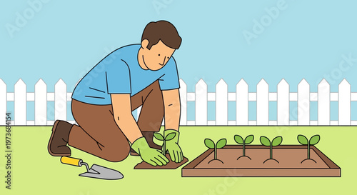 Gardener planting seedlings in a raised garden bed with a fence and blue sky