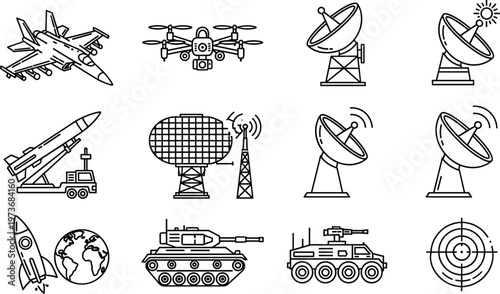 Military Defense Technology Icon Set with Radar Systems Drones Satellites Tanks Missiles and Surveillance Equipment for Security and Warfare Concepts