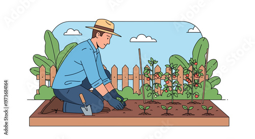 Gardener planting seedlings in a raised garden bed, healthy vegetables growing in background
