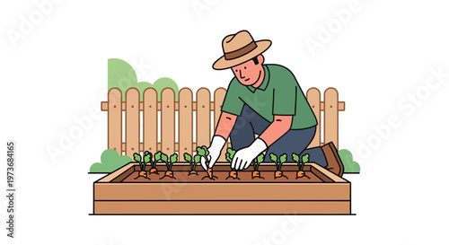 Gardener planting seedlings in a raised garden bed with a wooden fence background