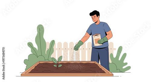 Gardener planting seeds in a raised garden bed, growing plants, organic farming, spring season