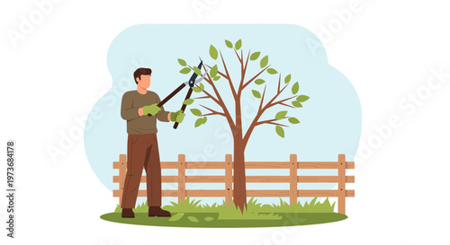 Gardener pruning a tree with pruning shears in a backyard garden with a wooden fence