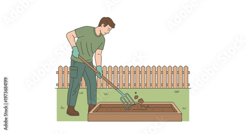 Gardener tilling soil in raised garden bed with pitchfork, preparing for planting
