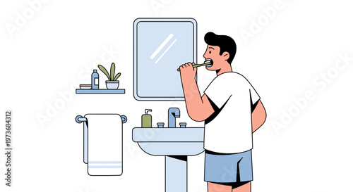 Man brushing teeth in bathroom, morning routine, hygiene, healthy lifestyle, personal care