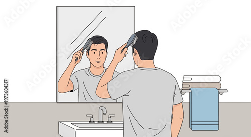 Man brushing hair in front of bathroom mirror, morning routine, personal grooming