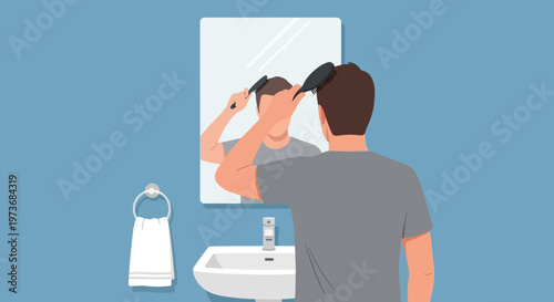 Man brushing hair in front of bathroom mirror, morning routine, self-care, hygiene
